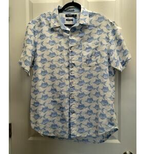 Nautica Men's Size Large Blue White Swordfish Linen Blend Button-Up Shirt